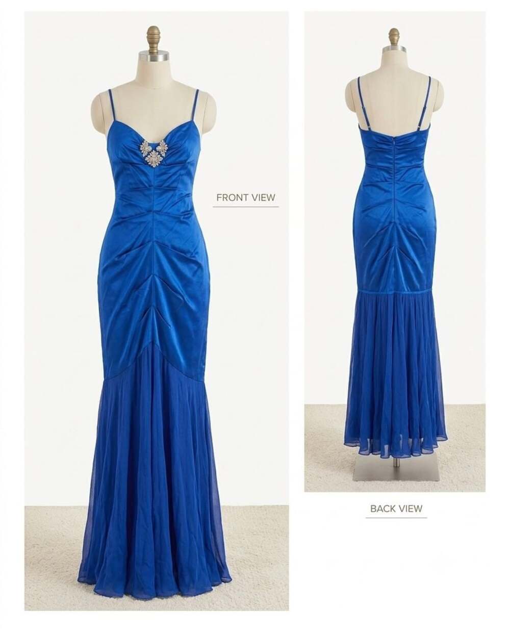 Cache Royal Blue Satin Mermaid Evening Gown with Embellished Brooch
